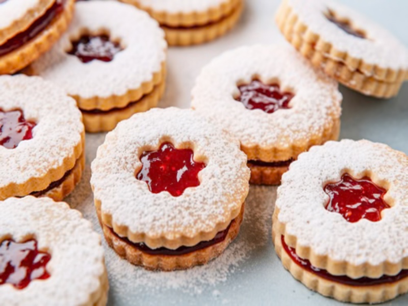 Jam-filled shortbread cookies with powdered sugar and scalloped edges.