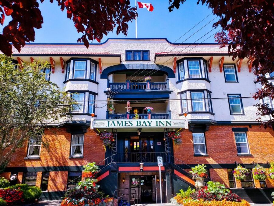 James Bay Inn Hotel in Victoria, Canada, showcasing its historic architecture and inviting entrance.