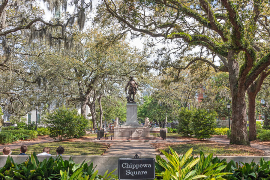 Panoramic view of the James Oglethorpe Monument in Savannah, Georgia, showcasing its impressive architecture and surrounding park