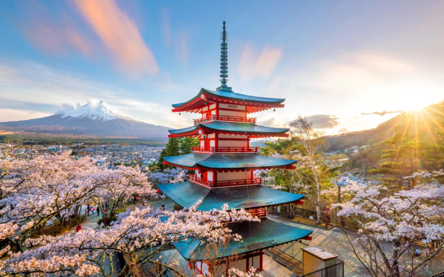 Pagoda and cherry blossoms with Mount Fuji backdrop at sunset, Japan.