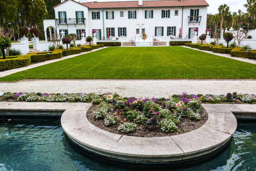 Elegant fountain at the Historic Cottage, set in the lush surroundings of Jekyll Island Historic District, Georgia.