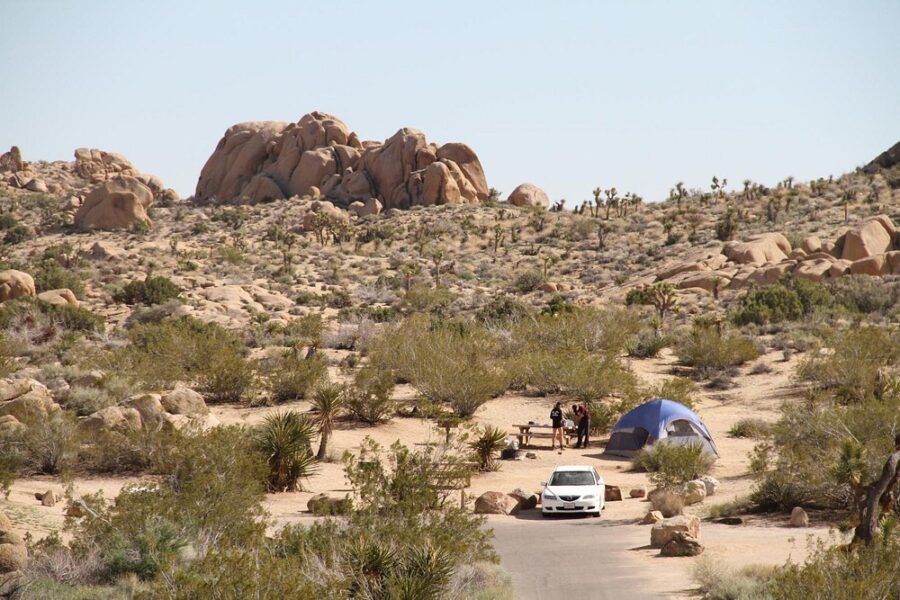 Van and a tent are situated in the desert landscape of Jumbo Rocks Campground, Joshua Tree National Park, California.