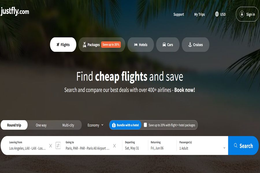 JustFly homepage showcasing cheap flight search with serene beach background and travel options.