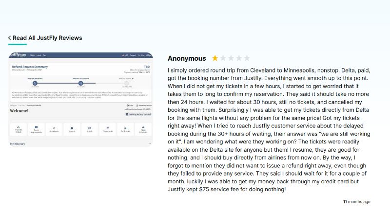 User review of JustFly travel service with booking issues and poor customer support.
