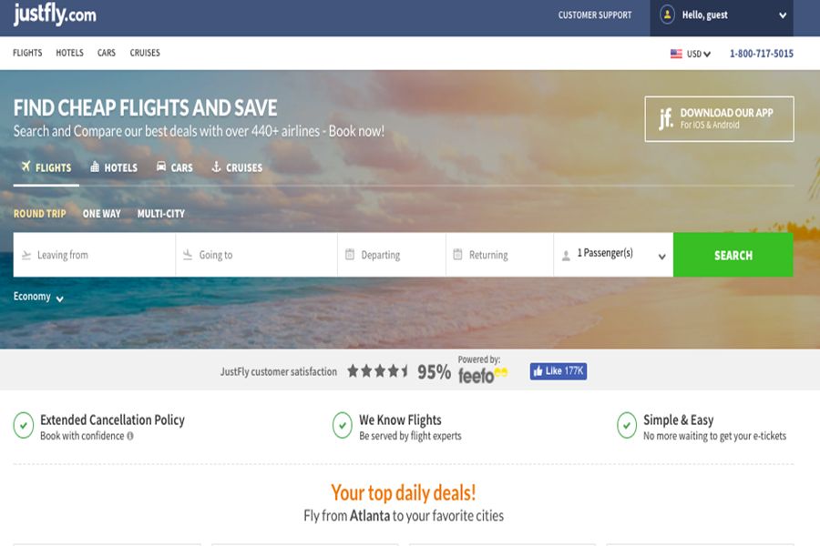 Cheap flights, hotels, car rentals on JustFly travel booking website.