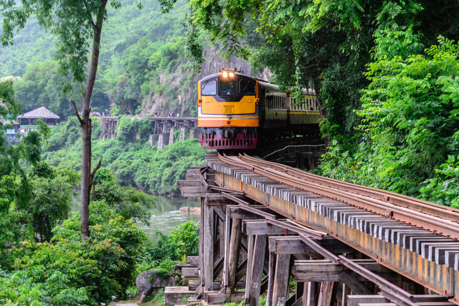 Death Railway in Kanchanaburi, Thailand, a historic site from World War II, showcasing its rugged landscape and railway tracks.