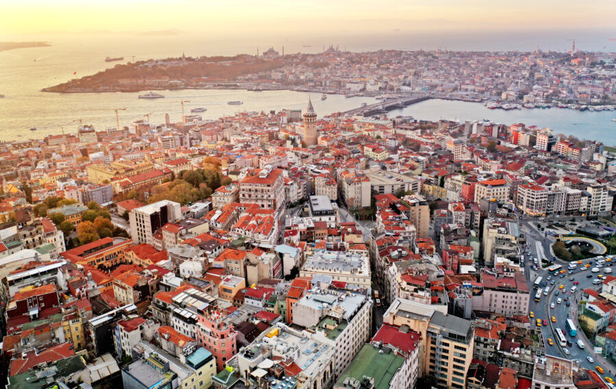 Aerial view of the new town Karaköy in Istanbul, showcasing modern architecture and urban layout