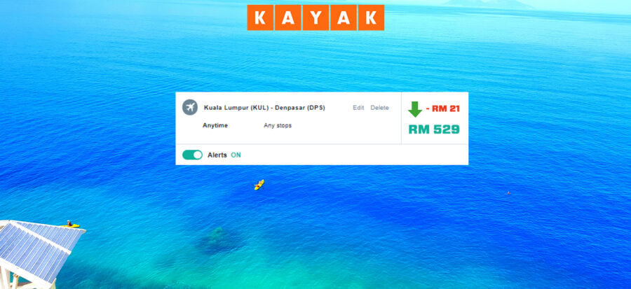 Kayak flight deal: Kuala Lumpur to Denpasar, RM 529, price alerts available.