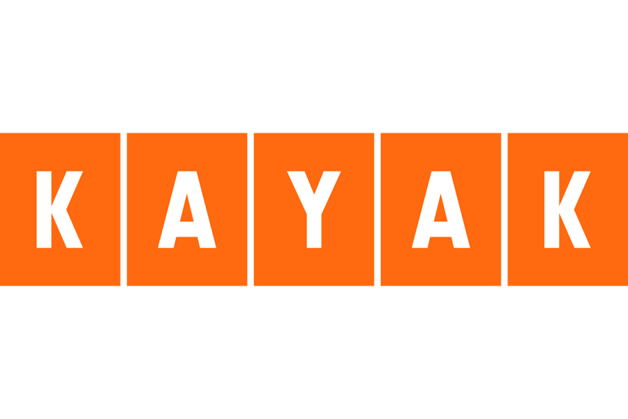 Kayak travel search engine logo with vibrant orange squares and bold white lettering.