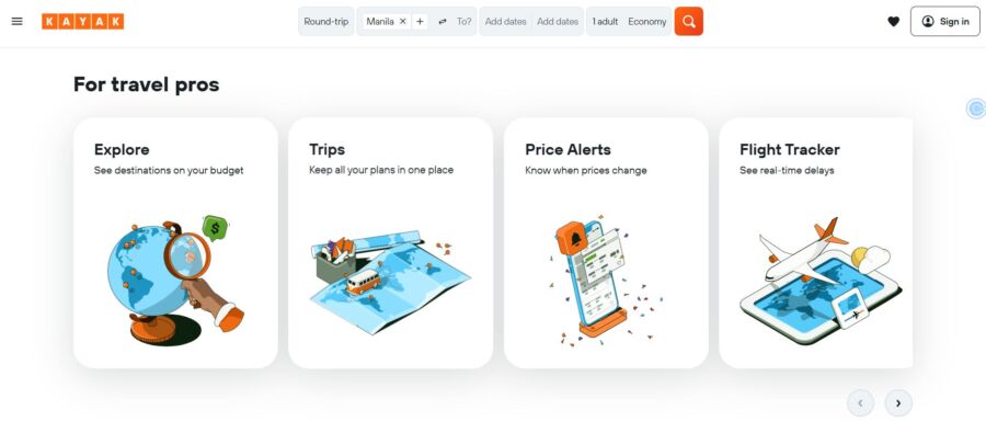 Kayak website showcasing travel tools and resources for professionals in the travel industry