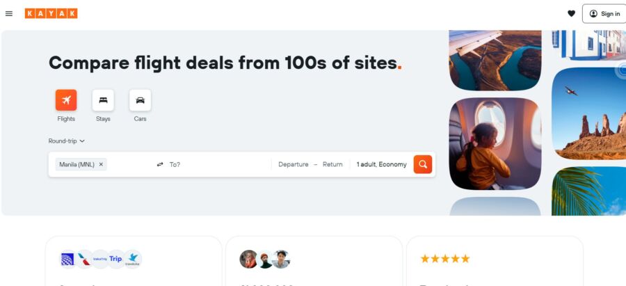 Kayak website landing page showcasing a a travel booking site