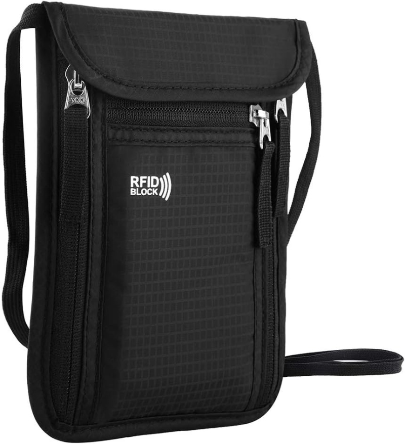 Sleek black purse with a zipper, labeled as a KEAFOLS travel neck wallet.