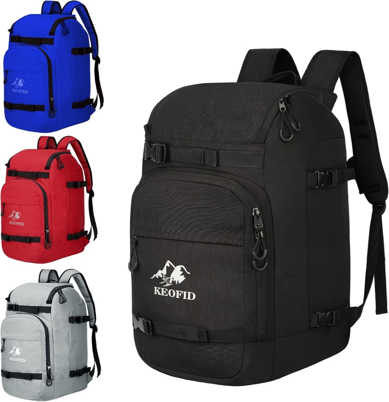 Promotional travel backpack in various colors, featuring the KEOFID Packable Ski Helmet & Boot Bag design.