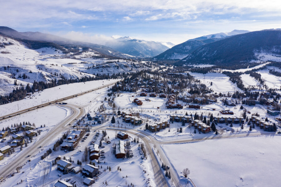Aerial view of Keystone, Colorado covered in snow in winter