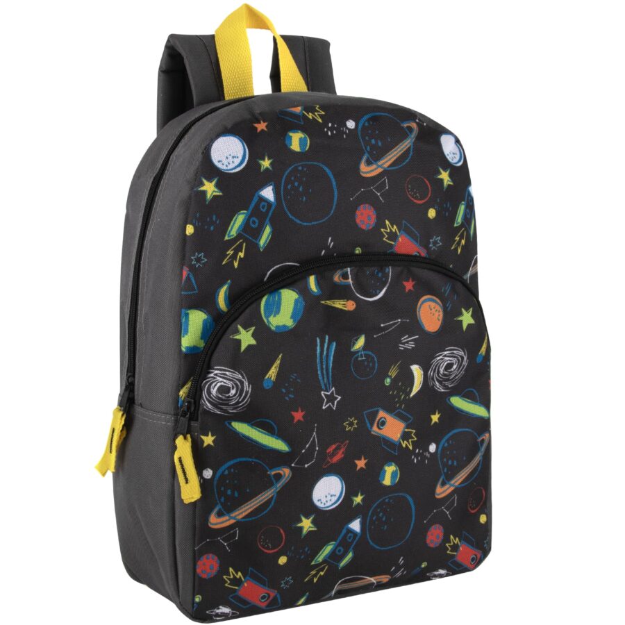 Kids space-print backpack with gray panels, yellow accents, rockets and planets.