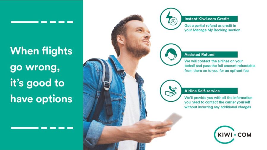 Man checking smartphone with Kiwi.com travel solutions on turquoise background.