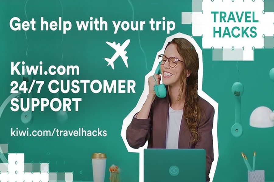 Kiwi.com travel support promo: 24/7 customer assistance with retro phone and travel icons.