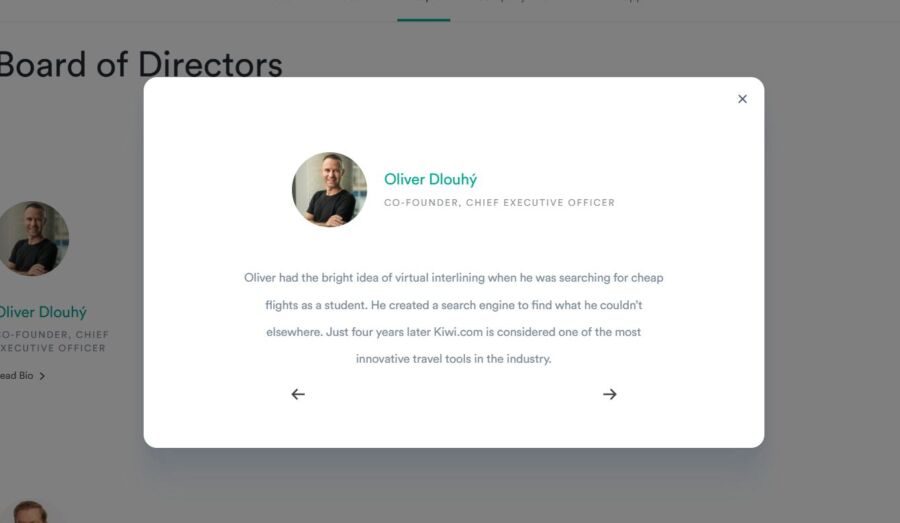 Board of directors page featuring Kiwi.com Co-founder Oliver Dlouhý among other members.

