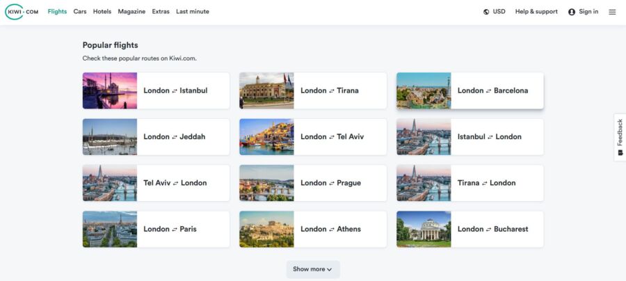 Kiwi.com website landing page featuring the King Club Club with navigation options and promotional content.
