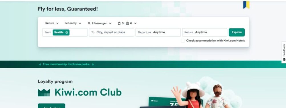 nshot of the Kiwi.com Club website, featuring travel deals and navigation menu for users.