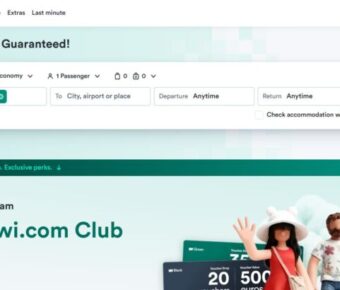 nshot of the Kiwi.com Club website, featuring travel deals and navigation menu for users.