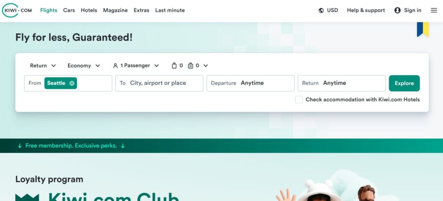 Kiwi.com website landing page featuring the King Club Club with navigation options and promotional content.
