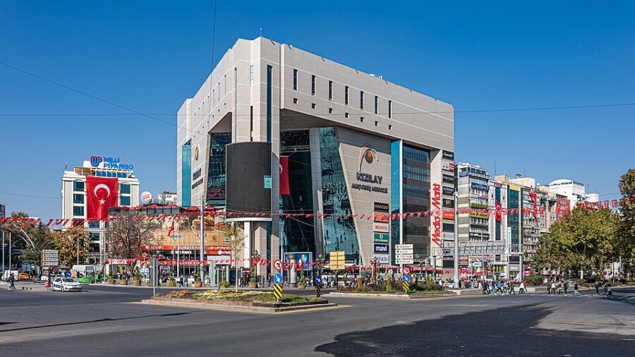 Prominent white building in Kızılay, Ankara, Turkey, featuring a sleek and contemporary facade.