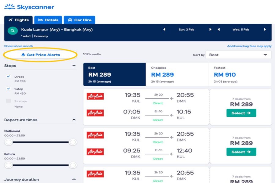 Flight search interface: Kuala Lumpur to Bangkok, RM 289, February 2, direct and one-stop options.