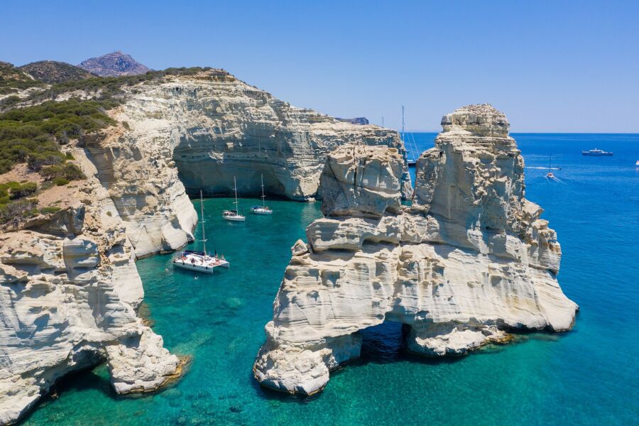 Scenic view of Kleftiko, Milos Island, Greece, showcasing the stunning coastline and crystal-clear waters.

