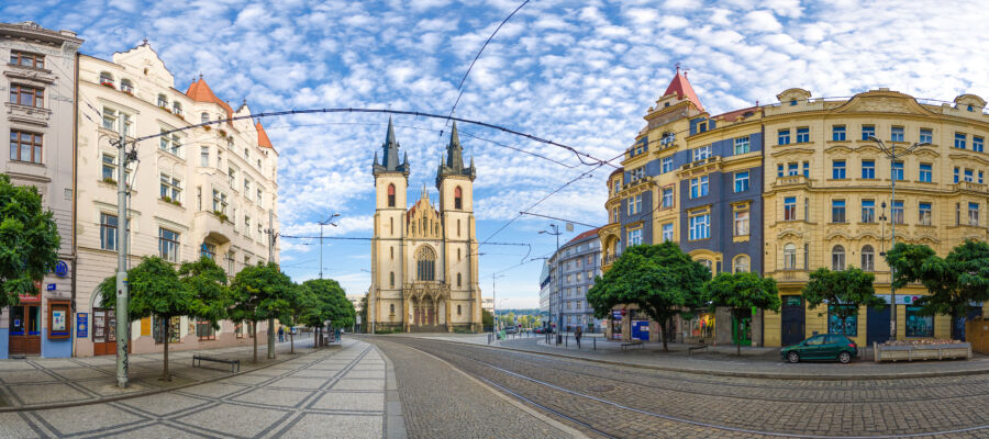 Panorama of Kostel Sv. Antonína Paduanskeho, a historical cathedral in Holesovice, Prague, Czech Republic