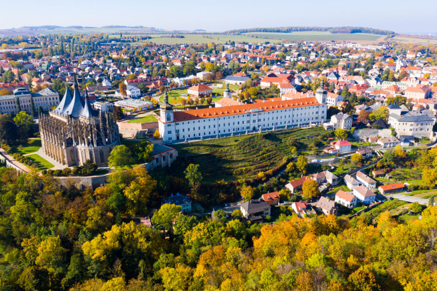 Scenic cityscape of Kutna Hora, Czech Republic, highlighting its historic structures and charming skyline on a sunny day