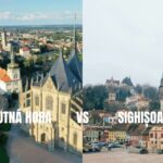Kutná Hora and Sighișoara medieval towns comparison showing Gothic church and clock tower skyline.