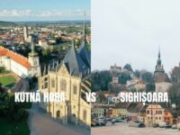 Kutná Hora and Sighișoara medieval towns comparison showing Gothic church and clock tower skyline.
