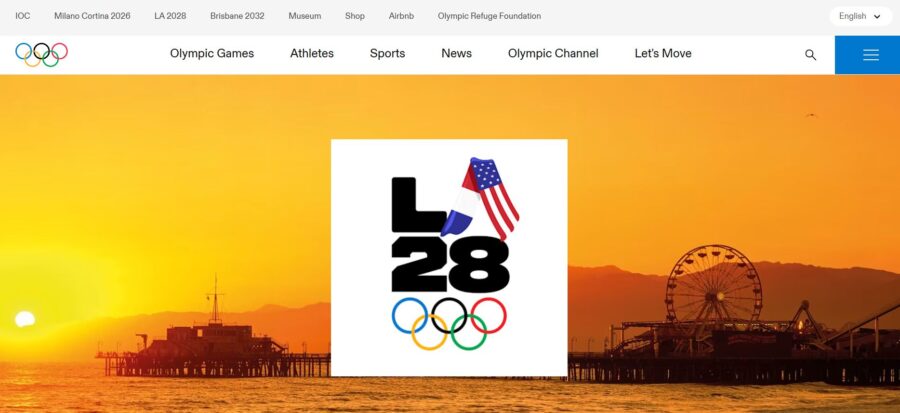 LA 2028 Summer Olympics website homepage featuring vibrant graphics and event information for the upcoming games.