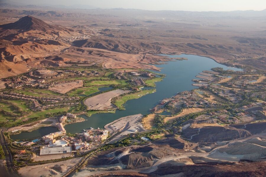 Aerial view of Henderson, and resort buildings.