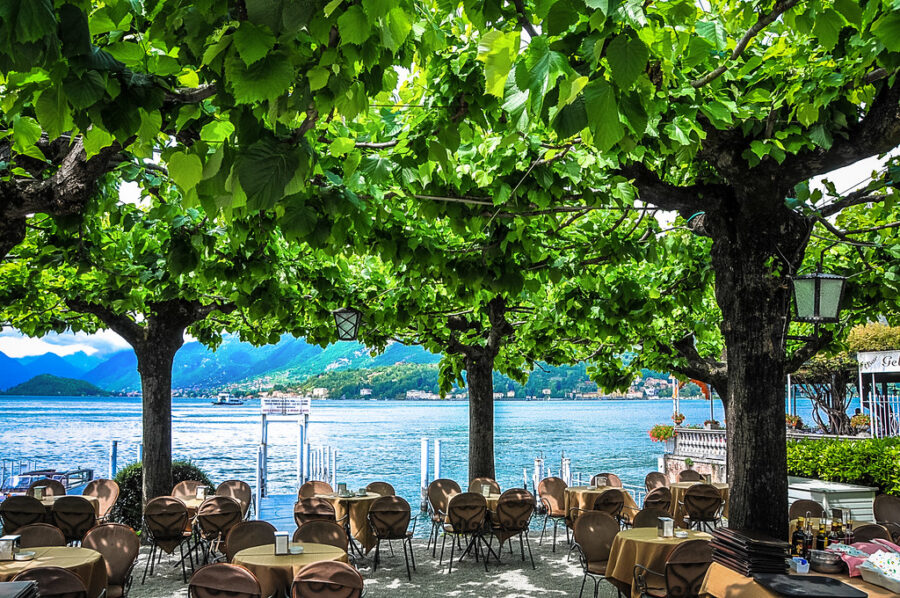 Bellagio lakeside outdoor cafe with shaded terrace and waterfront views.