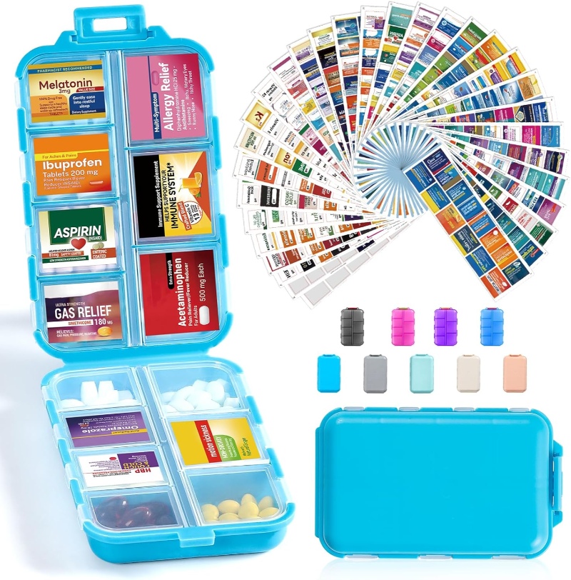 Blue case containing a LANDNEOO pill organizer with time zone labels, along with assorted pills and other items.