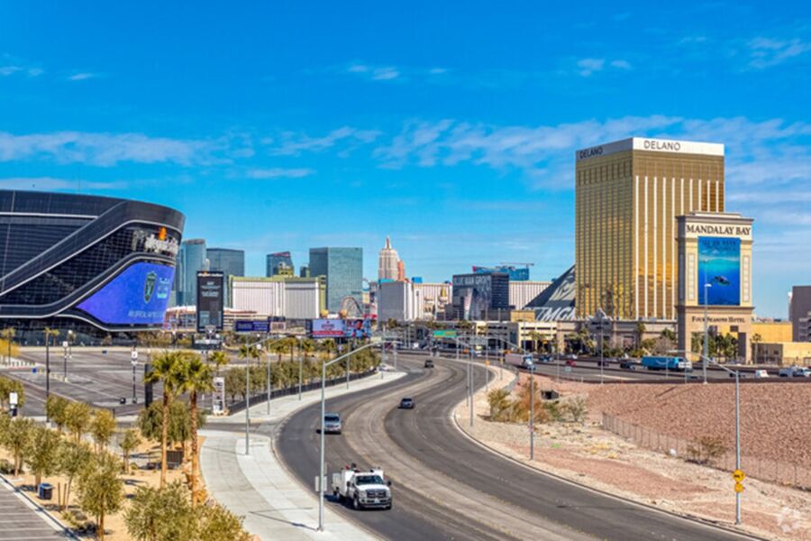 West of the Strip view featuring Allegiant Stadium, Delano Las Vegas, and Mandalay Bay hotel.