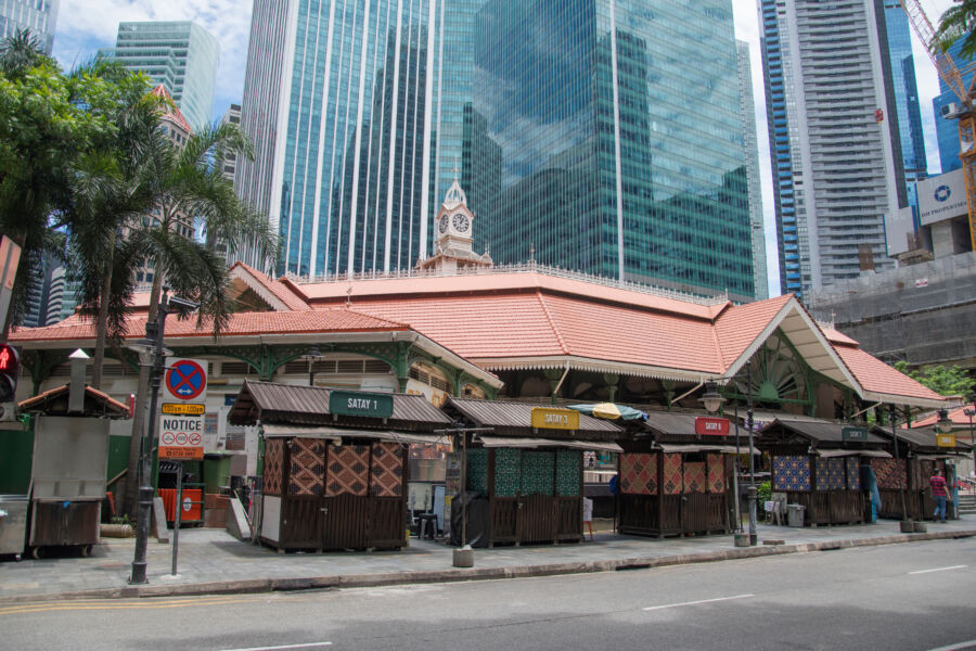 Exterior view of Lau Pa Sat Market, a vibrant hawker center in Singapore