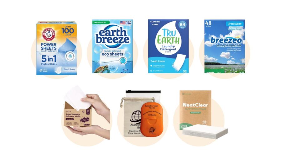 An assortment of laundry detergent sheets from various brands, including Earth Breeze, Tru Earth, and Breezo, arranged neatly. Eco-friendly and stain-fighting focus.