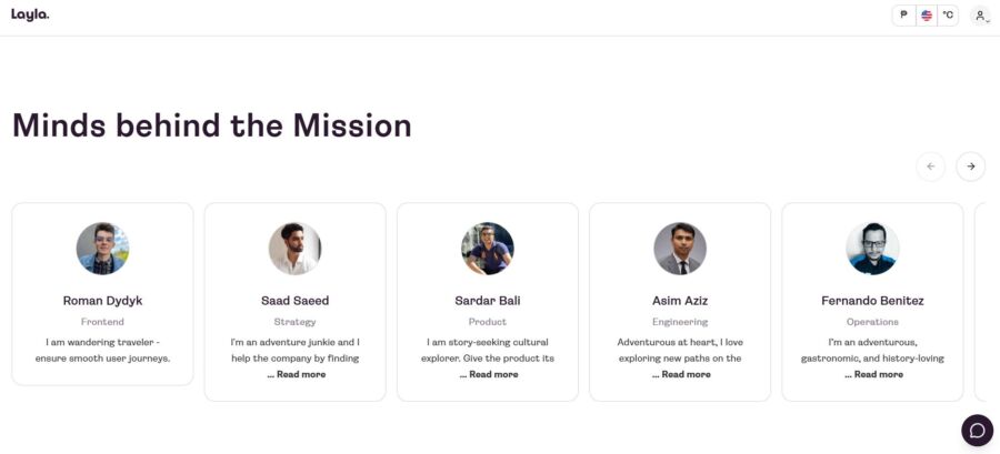 Layla.ai Team member profiles displayed under 'Minds behind the Mission.' Five individuals are shown with roles like Frontend, Strategy, and Product. Each has a short bio emphasizing their adventurous and exploratory nature