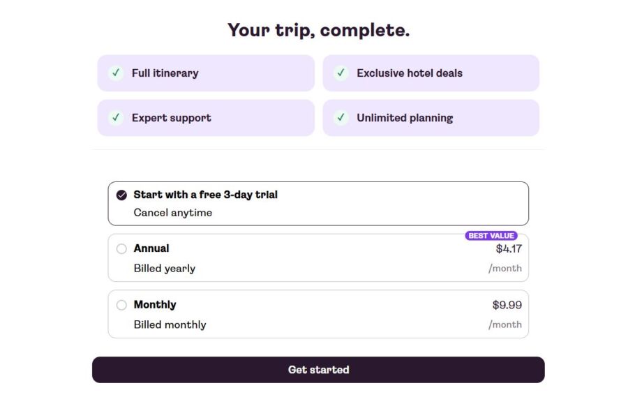 Layla.ai app's trip complete screen, featuring a summary of the journey and subscription information for users.