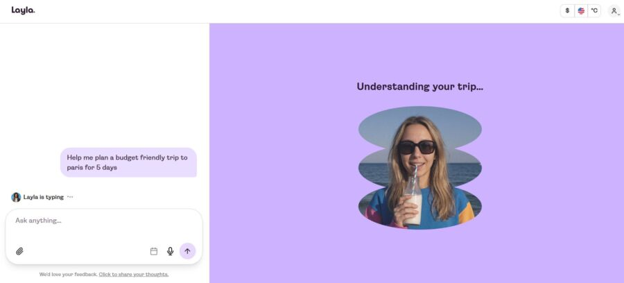 Layla.ai Travel Guide Chatbot interface for user communication and travel assistance.