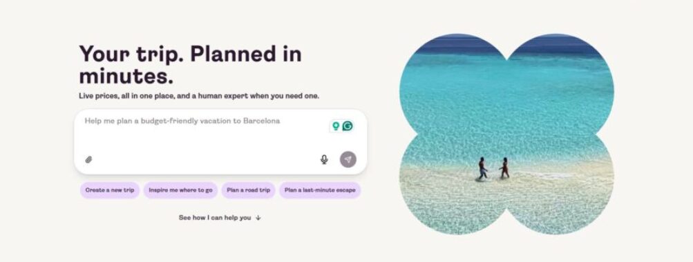 Website interface for travel planning with text 'Your trip. Planned in minutes.' Two people walking on a pristine beach shown in a clover-shaped cutout