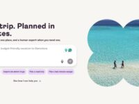 Website interface for travel planning with text 'Your trip. Planned in minutes.' Two people walking on a pristine beach shown in a clover-shaped cutout