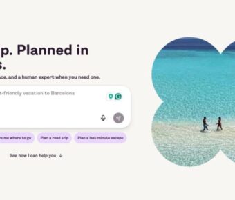 Website interface for travel planning with text 'Your trip. Planned in minutes.' Two people walking on a pristine beach shown in a clover-shaped cutout