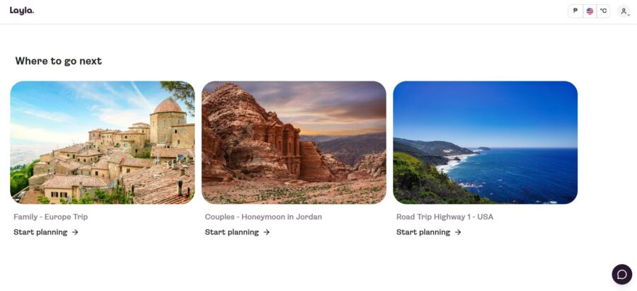The "Layla.ai Where to Go" webpage displays a scenic image of a mountain next to a tranquil beach.