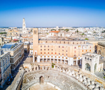 Panoramic view of the historic city center of Lecce, showcasing its baroque architecture and vibrant streets in Puglia, Italy.