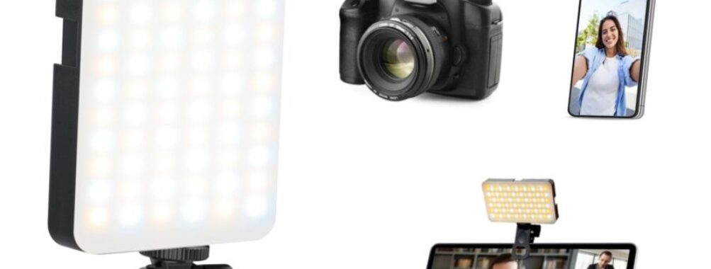 Portable bi-color LED selfie light clip for phone, camera hot-shoe, and laptop video conferencing.