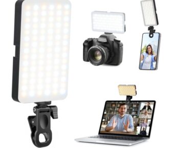 Portable bi-color LED selfie light clip for phone, camera hot-shoe, and laptop video conferencing.
